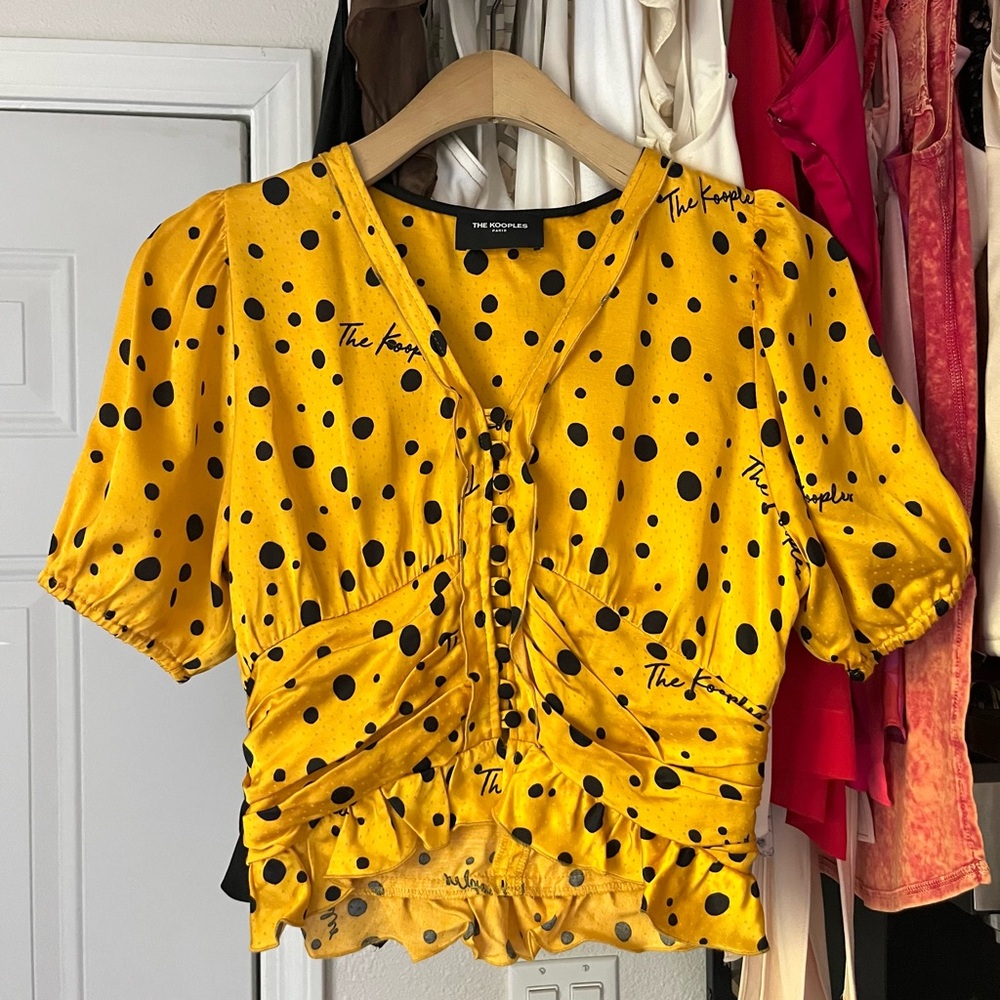 THE KOOPLES mustard yellow polka dot logo print satin button up ruched blouse